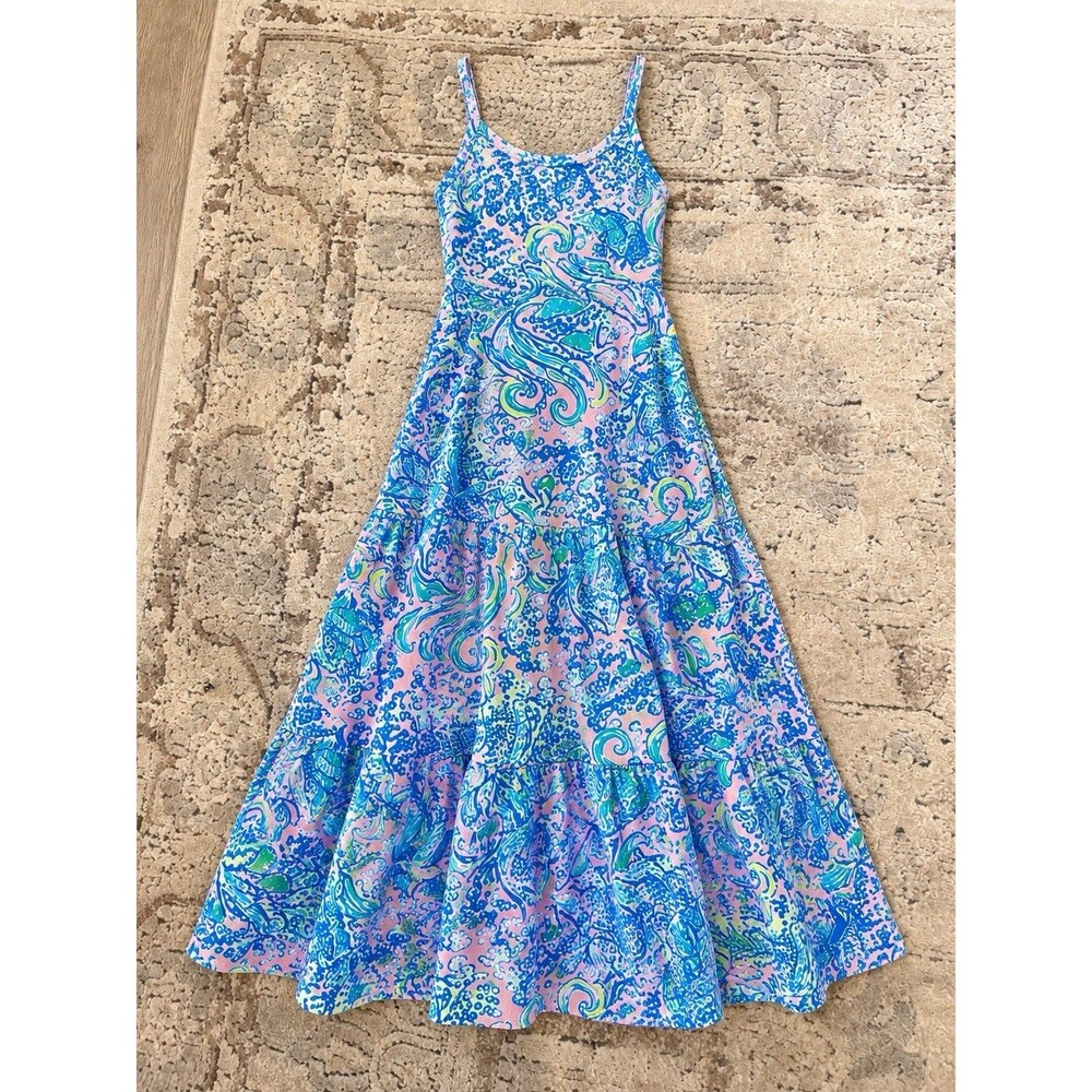 Lilly Pulitzer Girls Mermaid Print Maxi Dress Pink Blue Green Spaghetti Strap L